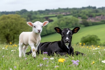 Fototapeta premium A playful lamb jumping near a calf lying in a pasture, surrounded by wildflowers and gentle hills