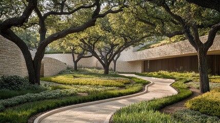 Serene Curved Pathway Through Lush Green Garden Surrounded by Majestic Trees