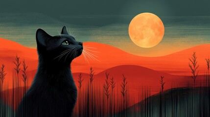 Black cat gazing at a large orange moon in a surreal landscape.