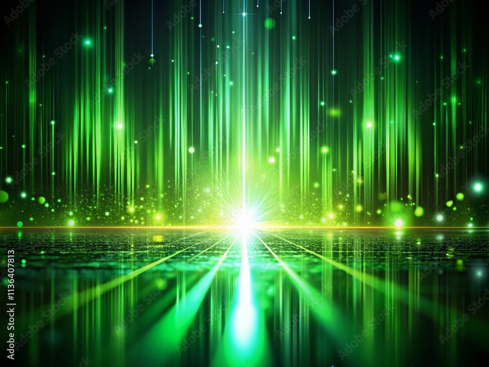 Poster abstract green light rays on black background - minimal digital tech design with vertical glowing el