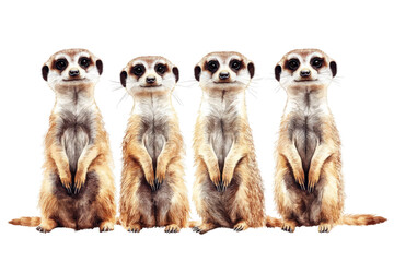 Four meerkats standing in a row, displaying curious expressions, isolated on a white background.