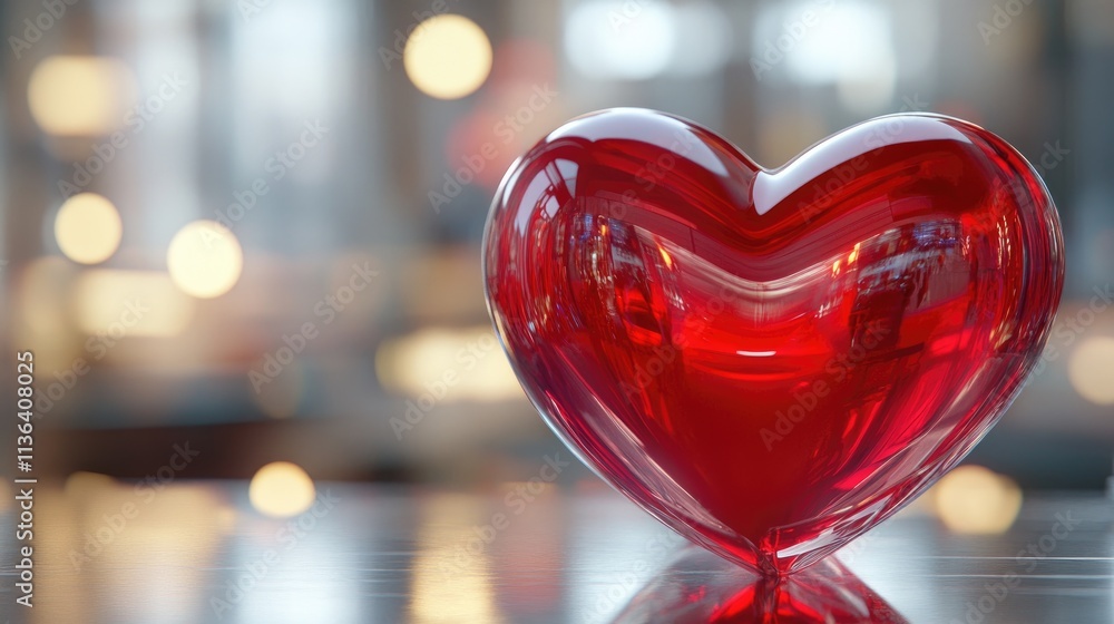 Poster red heart shaped glass object on a reflective surface with bokeh