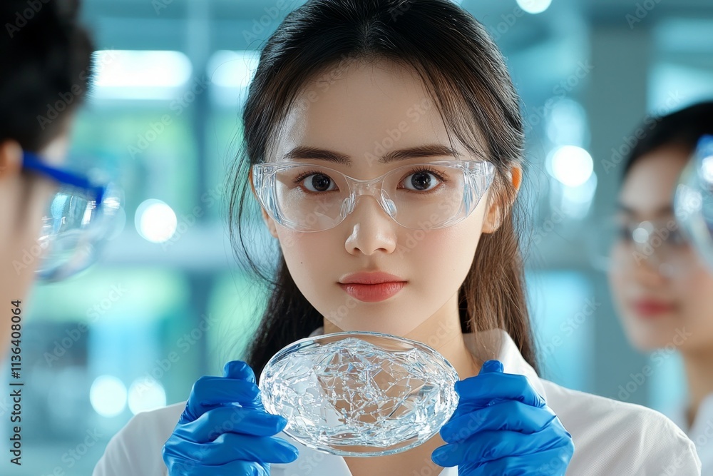 Poster a scientist in a lab holding a prestigious medal for groundbreaking research, surrounded by lab equi