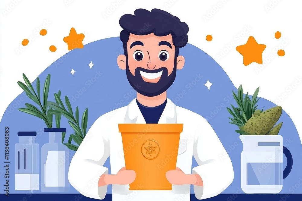 Poster a scientist in a lab holding a prestigious medal for groundbreaking research, surrounded by lab equi