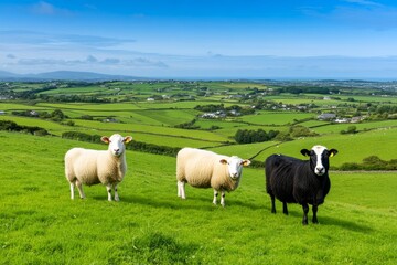A scenic image of cattle and ewes grazing on a hillside with a clear view of a village and fields in the distance