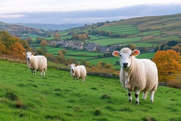 Obraz premium A scenic image of cattle and ewes grazing on a hillside with a clear view of a village and fields in the distance
