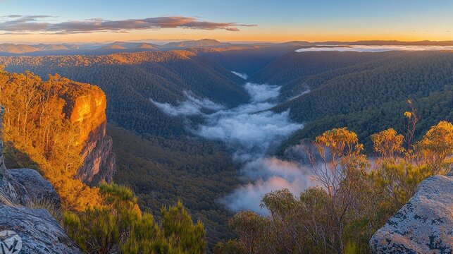 A breathtaking view from a mountaintop during golden hour, with rolling hills bathed in warm sunlight and a sea of clouds below. The sense of height and the vast expanse of nature evoke feelings 