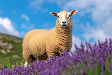 Fototapeta premium A serene scene with a ewe standing near a patch of blooming lavender under a bright blue sky