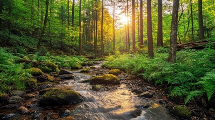 Obraz premium Forest stream flows, sun sets through trees.