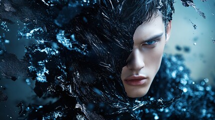 Fashion model emerging from black crystal shards with blue eyes