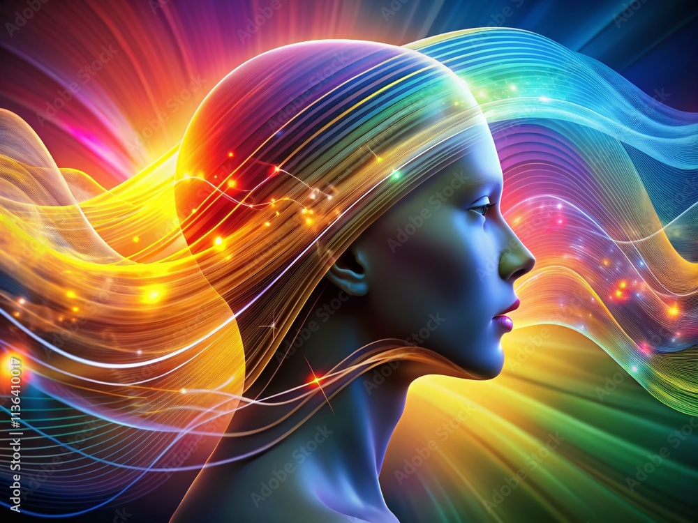 Poster abstract representation of a human head with flowing music waves in vibrant colors, capturing the es