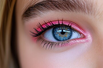 Obraz premium A striking close-up of an eye with makeup, featuring shimmering eyeshadow and bold eyeliner