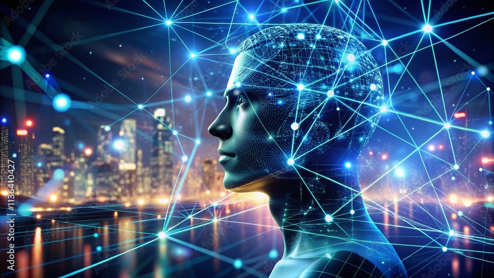 Poster abstract technology background: 3d sci-fi ui, particle lines, mesh, cyberspace, digital network, bok