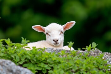 Obraz premium A tranquil farmyard scene with a ewe resting near a garden of aromatic basil, thyme, and rosemary plants