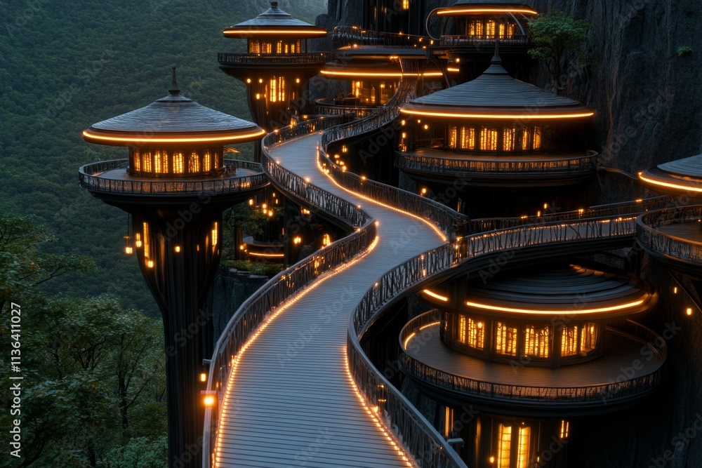Poster a vibrant elven city built into towering trees, with bridges of light connecting the structures high