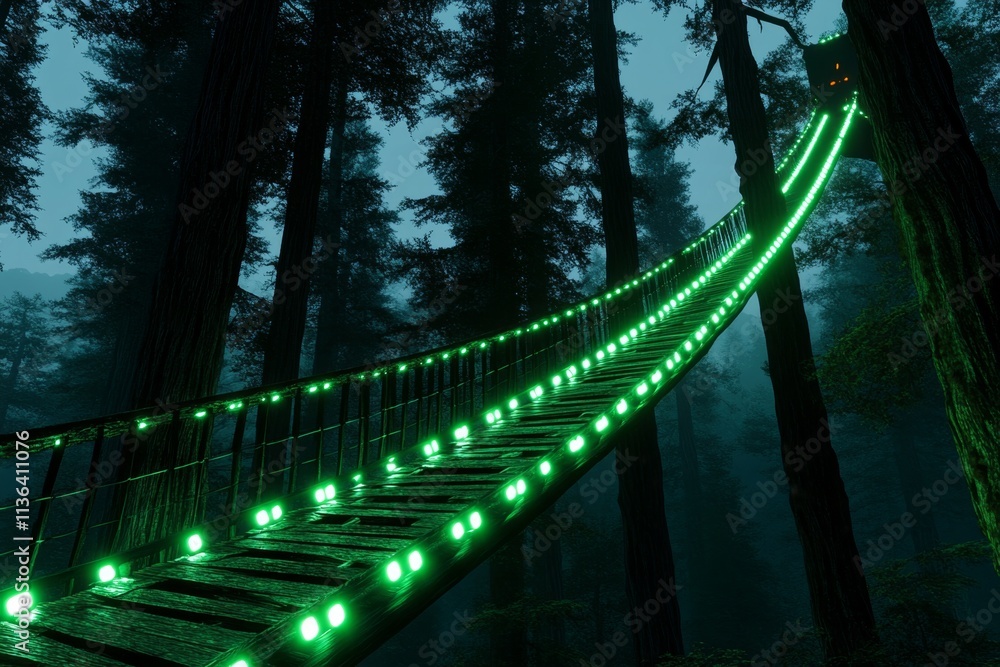 Poster a vibrant elven city built into towering trees, with bridges of light connecting the structures high