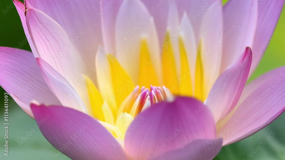 Poster timelapse video reveals a serene lotus bloom in soft light, featuring pinks and whites with layered 