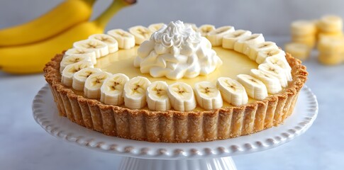 A delicious banana cream pie topped with whipped cream and fresh banana slices.