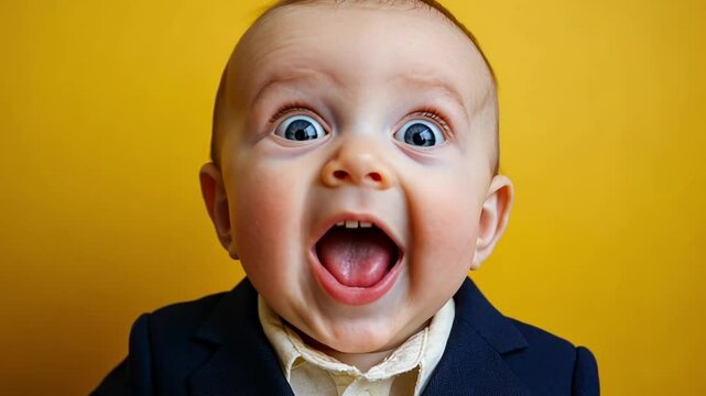 Surprise baby in suit yellow background internet meme