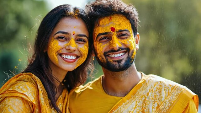 Indian haldi couple bride groom wedding ceremony