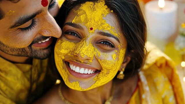 Indian haldi couple bride groom wedding ceremony