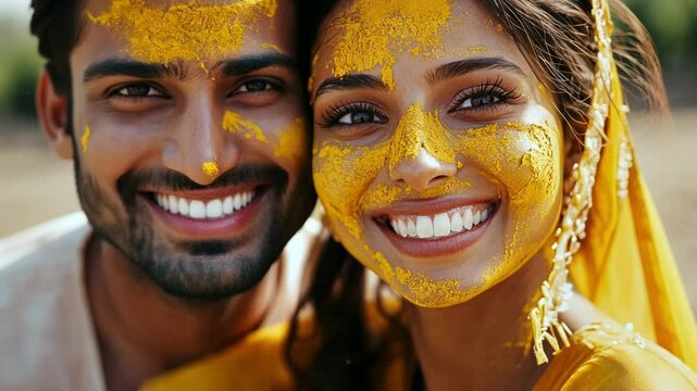 Indian haldi couple bride groom wedding ceremony