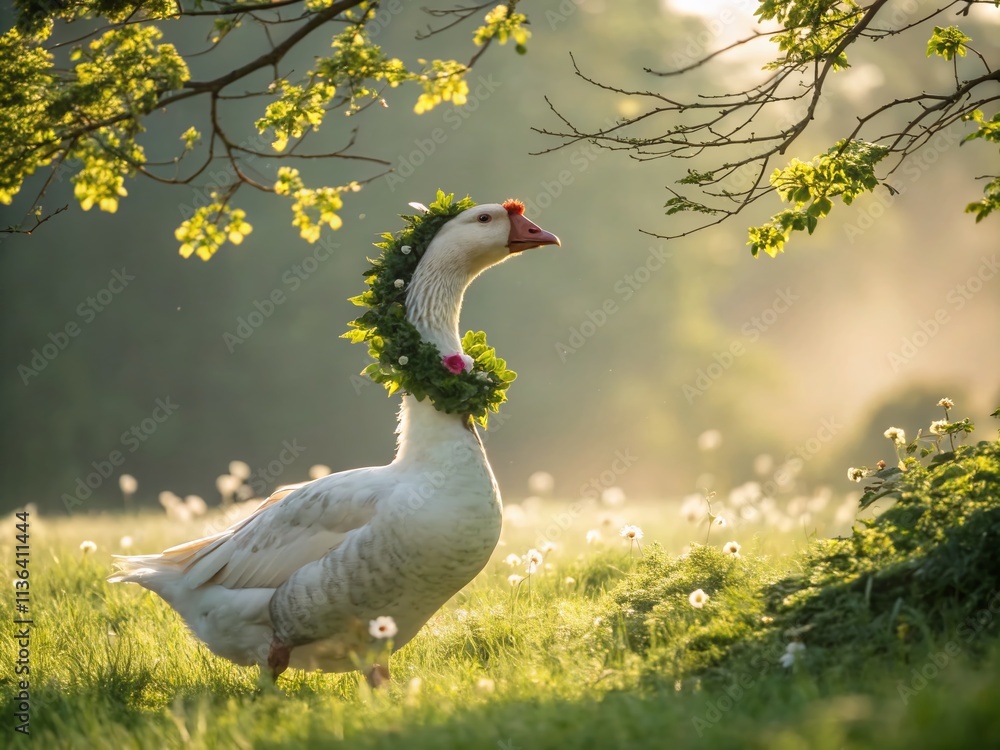 Aufkleber a charming goose in a green meadow with a whimsical clover wreath creating a serene and enchanting a