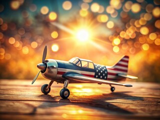Fototapeta premium A Charming 3D Illustration of a Vintage American Plane in Patriotic Colors with a Tilt-Shift Photography Effect, Evoking Nostalgia and Adventure in the Skies