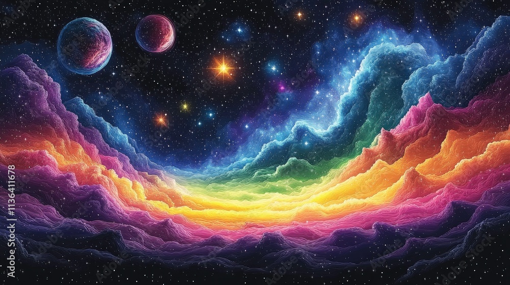 Poster vibrant cosmic clouds and celestial bodies in a colorful universe with stars and planets over a lush