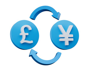 3d White Pound And Yen Symbol On Rounded Blue Icons With Money Exchange Arrows, 3d illustration
