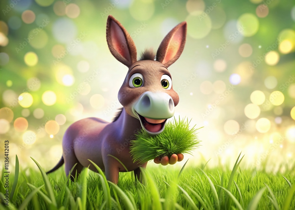 Poster adorable 3d cartoon donkey happily eating grass on a white background with bokeh effect, capturing t