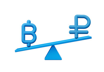 3d Blue Baht And Ruble Symbol Icons With 3d Blue Balance Weight Seesaw, 3d illustration
