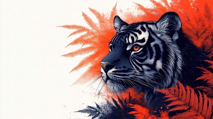 Obraz premium Striking Illustration of a Majestic Tiger Amidst Vibrant Red Ferns and Abstract Artistic Background, Perfect for Wildlife and Nature-Themed Projects and Designs