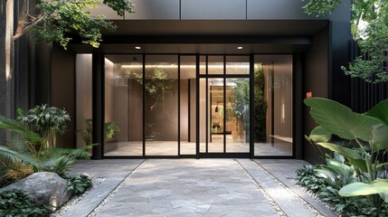Fototapeta premium Modern Entrance of a Stylish Building Surrounded by Lush Greenery