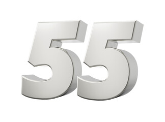 Silver 3d numbers 55 Fifty five. Isolated white background 3d illustration
