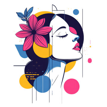 Minimalist colorful geometric shapes line drawing woman face with vibrant flower for women's day greeting card or logotype flat illustration on transparent background