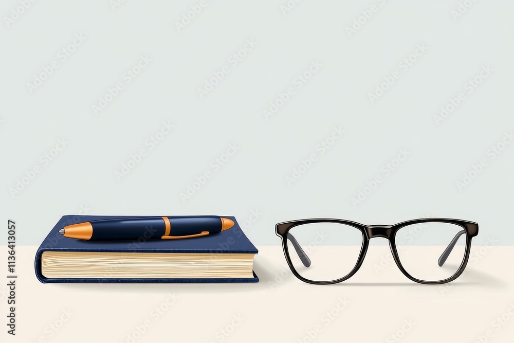 Poster An abstract representation of eyeglasses overlapping with a book and pen, using soft pastel colors in a flat design style