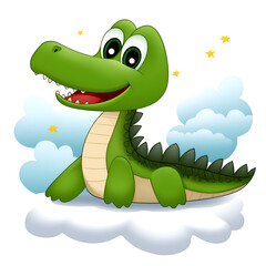 Fototapeta premium A cute cartoon crocodile character smiling on a cloud with stars and a whimsical background.
