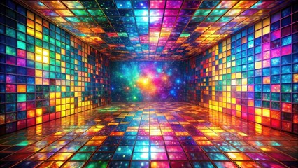 A vibrant, colorful room with a cosmic nebula backdrop and a mosaic tile floor and walls