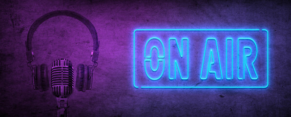 Background banner with professional microphone and on air sign