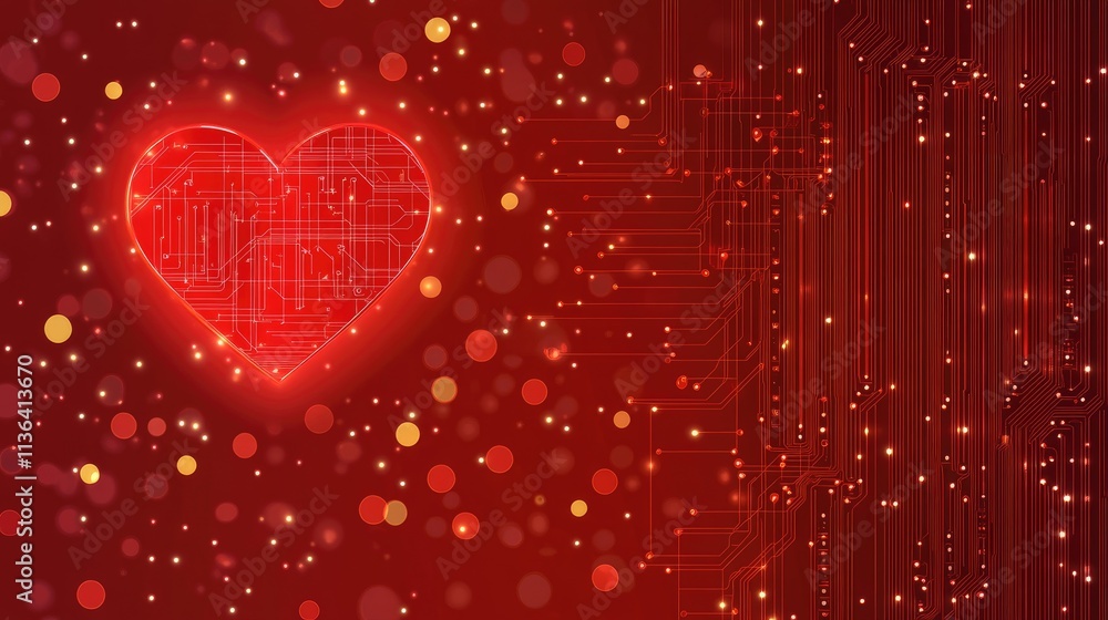 Poster digital heart design with circuit patterns and sparkling background