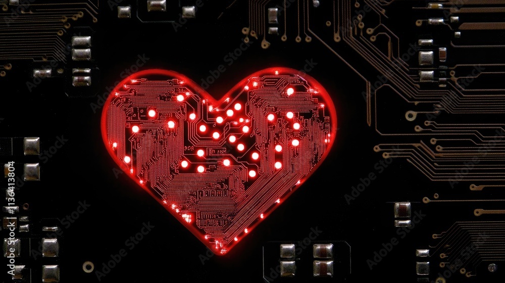 Poster heart shape circuit board design with red lights and technology theme
