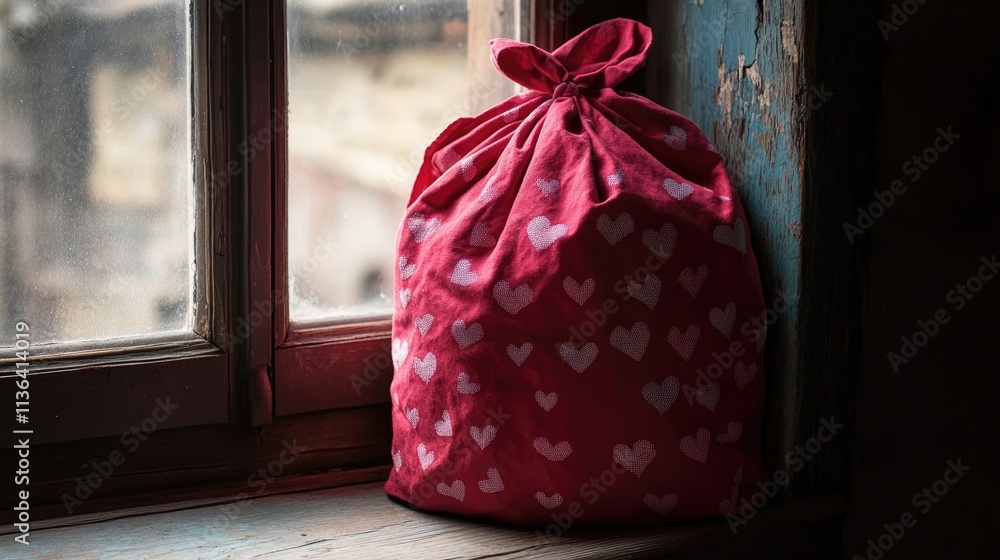 Poster red heart patterned bag next to window in rustic indoor setting