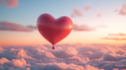 Fototapeta premium Heart Balloon Floating Above Colorful Clouds at Sunset