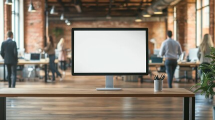 Blank monitor screen standing on desk in loft office of company with employees in background, copy space