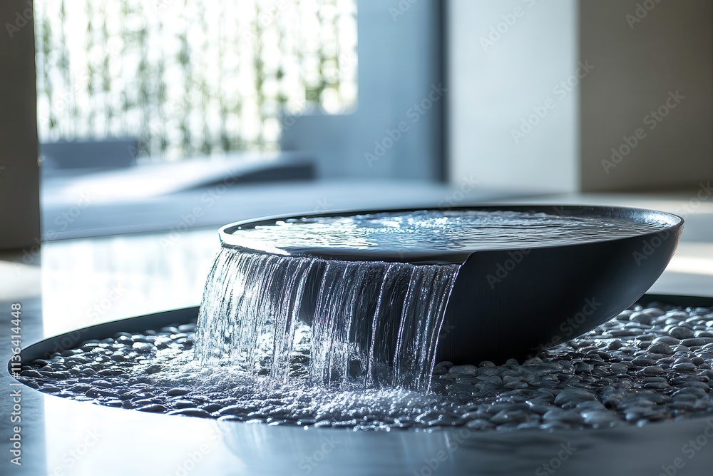 Poster indoor water feature with cascading water creating a serene atmosphere. generative ai