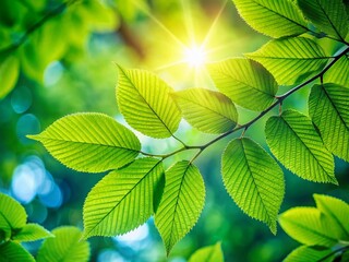 Aerial Drone Shot: Lush Green Spring Leaves, Sunlight, Forest Canopy, Nature Minimalism, Fresh Green Foliage