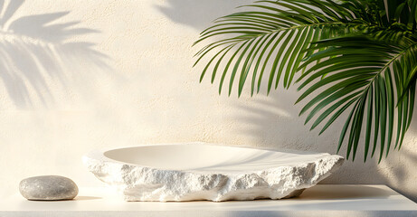 Fototapeta premium Stone Bowl, Palm Leaf Shadow, Minimalist