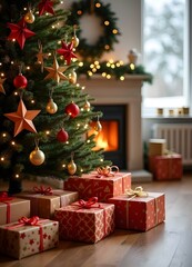 A golden star-shaped ornament hanging on a Christmas tree with green needles, surrounded by blurred multicolored lights in the background, capturing the warmth of the holiday season.
