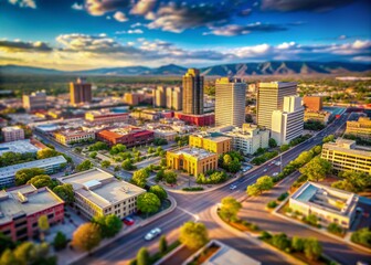 Naklejka premium Aerial Drone View Downtown Albuquerque New Mexico High Resolution Photo, Circle Panoramic Cityscape
